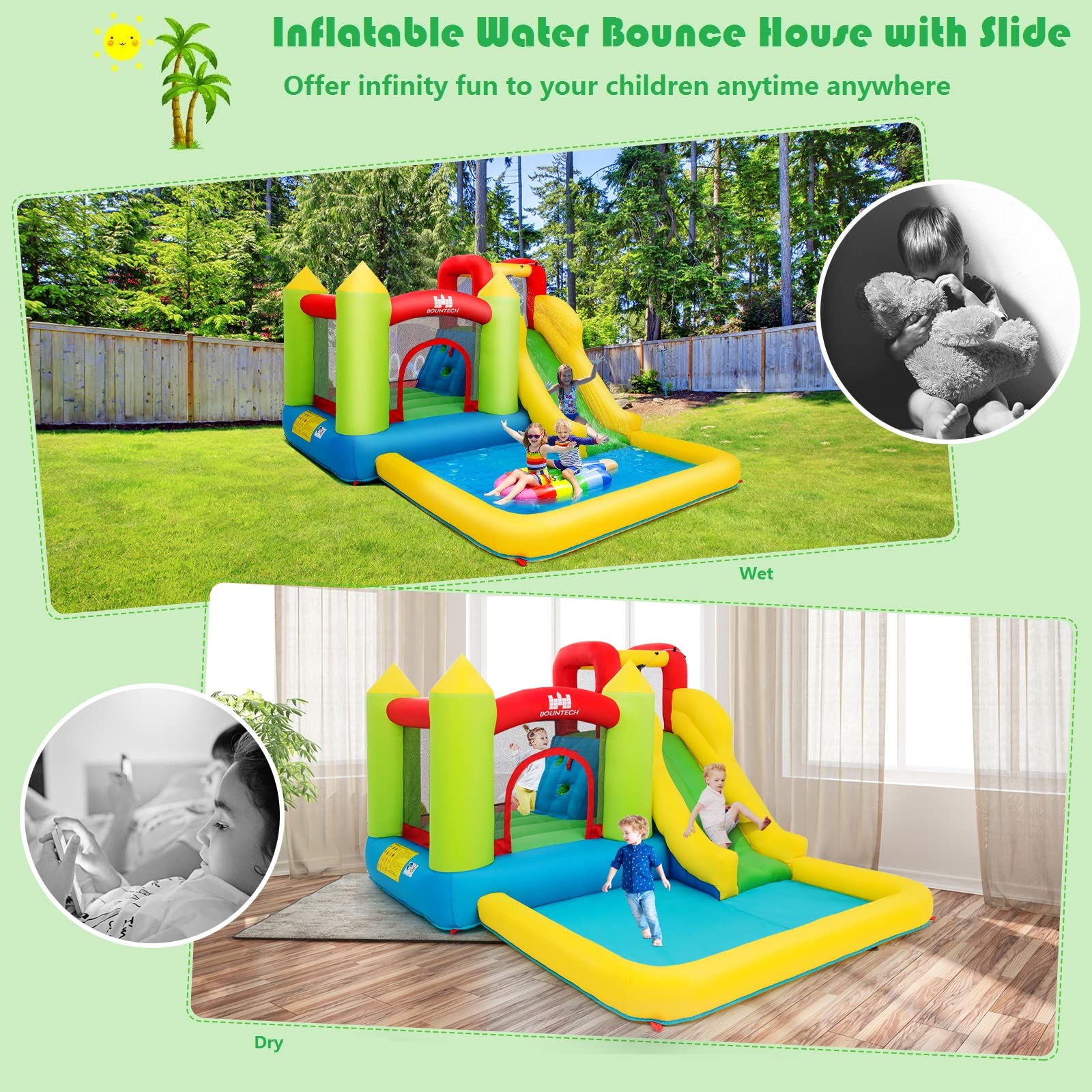 Costzon Inflatable Water Slide, 5 in 1 Water Park Bounce House Combo for Indoor Outdoor with 550w Blower