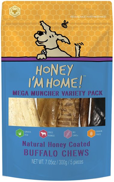 Honey I'm Home! Mega Muncher Variety Pack Natural Honey Coated Buffalo Chews Grain-Free Dog Treats， 5 count