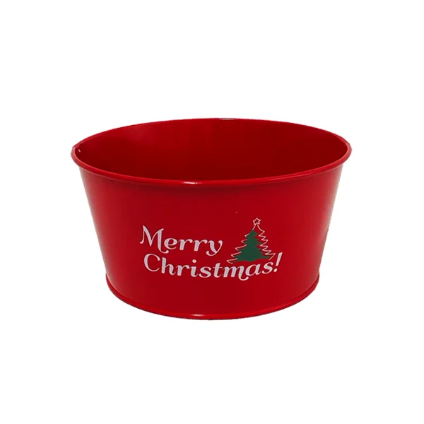 Custom round red metal buckets for decoration Christmas gift tree bases pot