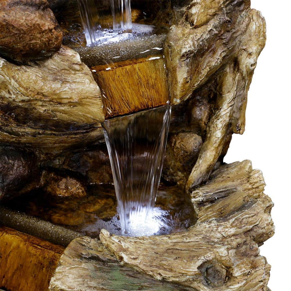 Alpine Corporation 47 in. Tall Outdoor 5-Tier Tree Trunk Waterfall Floor Fountain with LED Lights TZL132