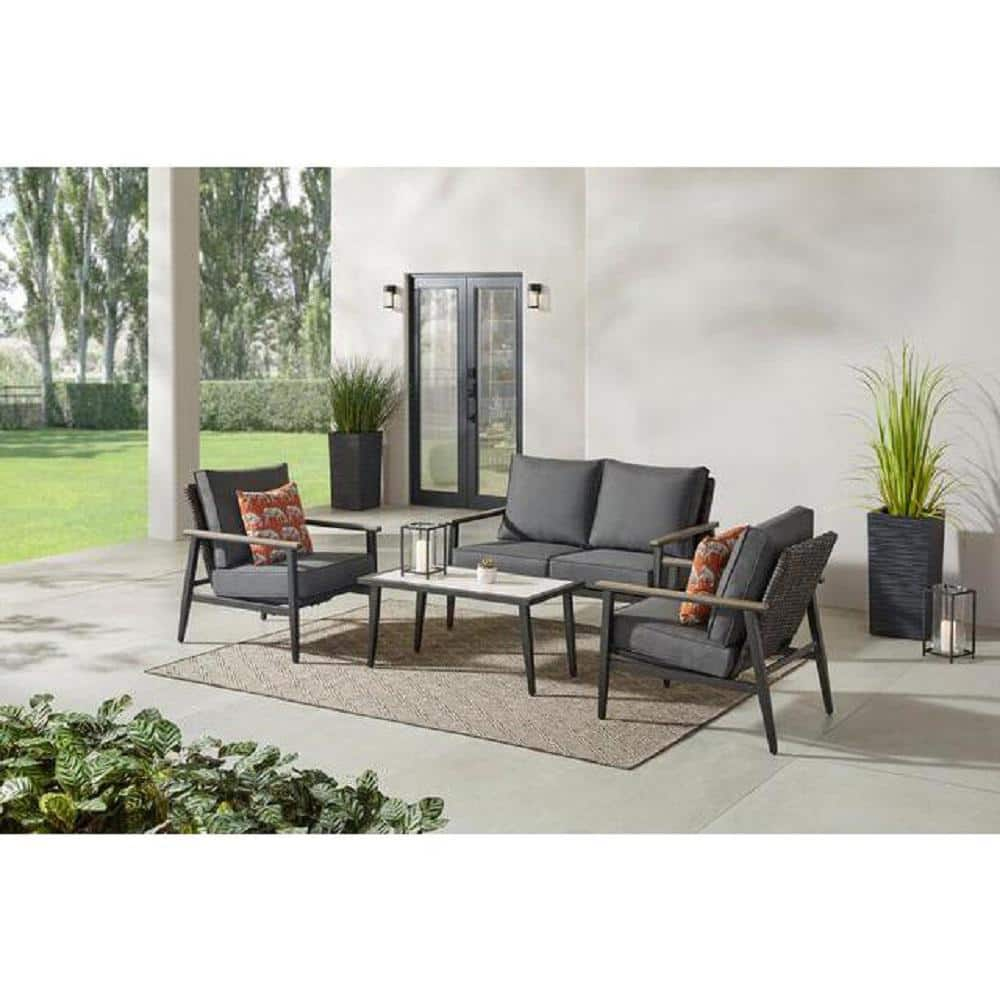 Hampton Bay Rivenhall 4-Piece Metal Outdoor Patio Conversation Set with Dark Grey Cushions 505.0581.000