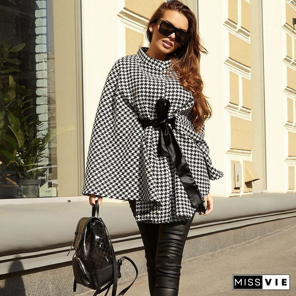 Autumn winter Coat  Houndstooth Woolen Coat Loose Cloak Coat