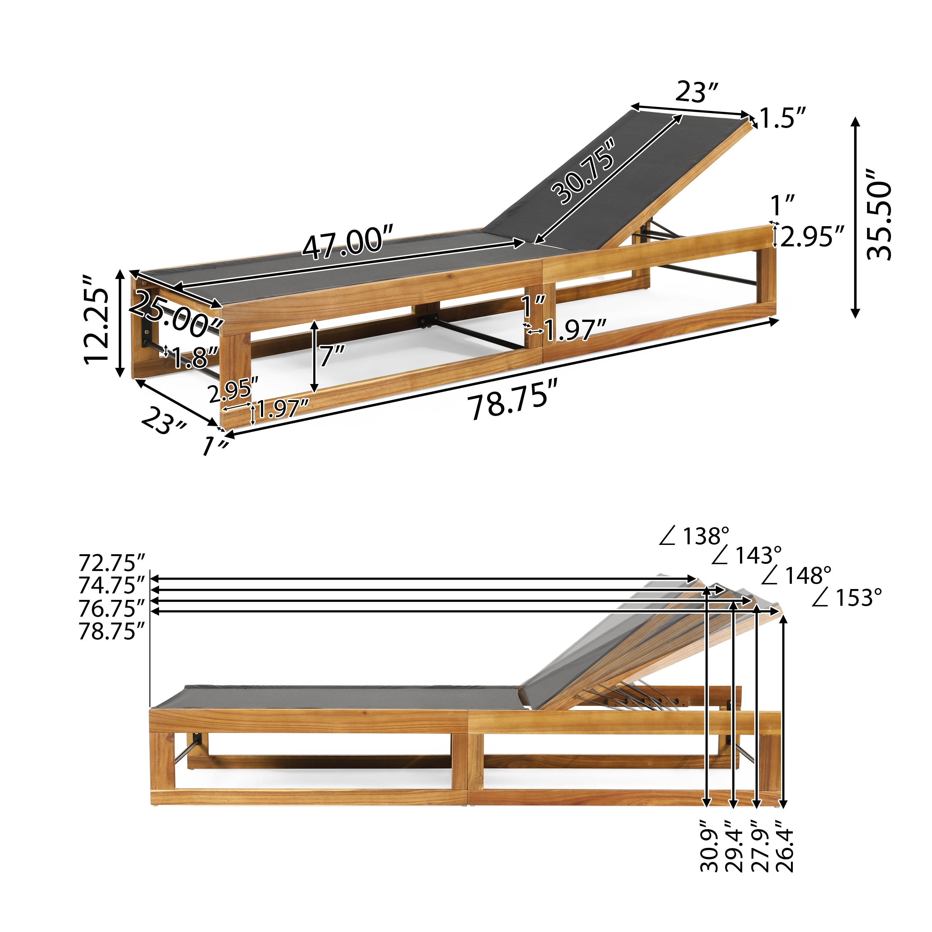 Leavitt Outdoor Mesh and Wood Adjustable Chaise Lounges, Set of 2, Black and Teak