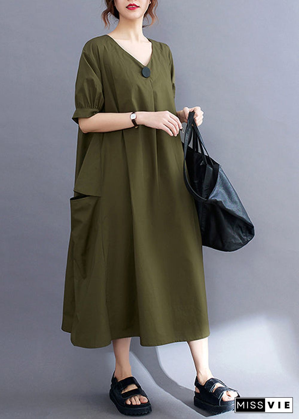 Style Army Green V Neck Pockets Cotton Maxi Dress Summer