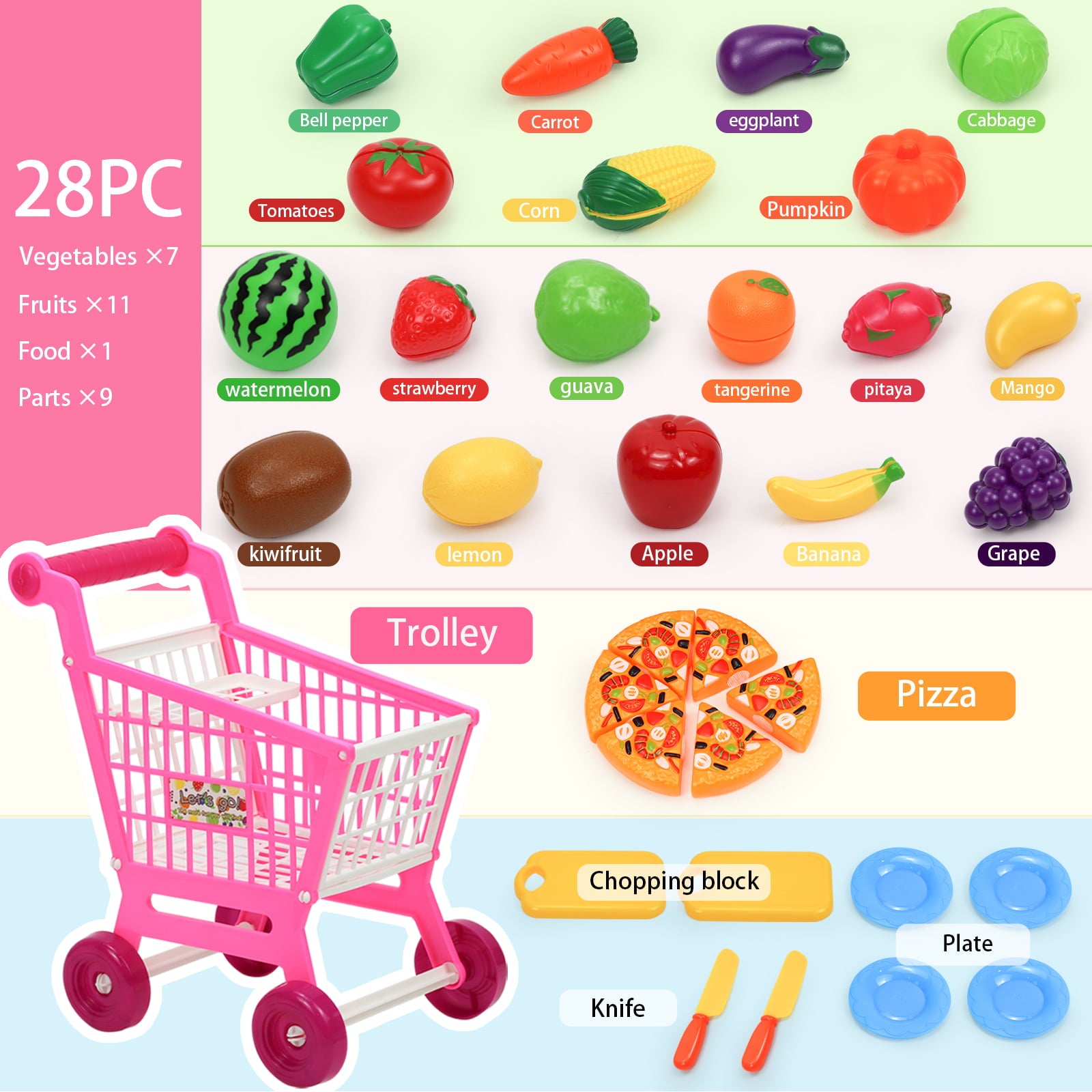 50pcs Pretend Play Food Toys,Plastic Cutting Food Toys for Kids Kitchen Toys Accessories with Storage Shopping Cart,Cutting Pizza Grocery Fruits Vegetable Food Kitchen Toys Family Playset