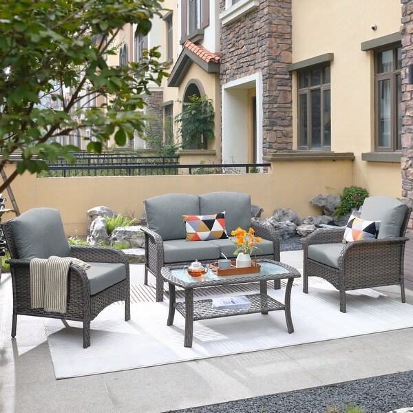 HOOOWOOO Outdoor 4piece Wicker Conversation Sofa Set with Glass Coffee Table