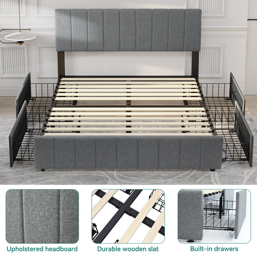 Modern Queen/King Grey Upholstered Bed Frame with Storage Drawers