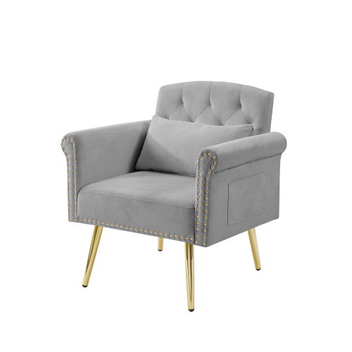 Grey Velvet Armchair with Metal Legs