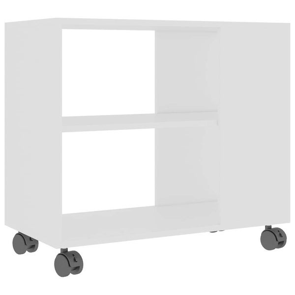 Movable Wood Side Table With Wheel with Storage Shelf in White