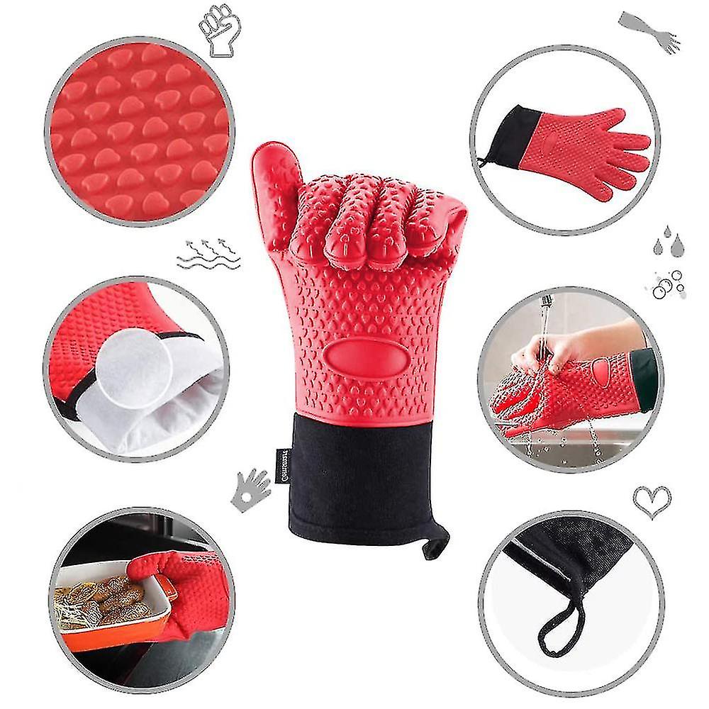 1pair Heat Resistant Gloves Silicone Grilling Gloves Oven Mitts，red