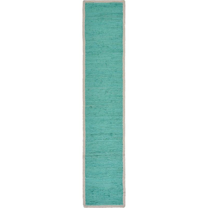 80 Turquoise and Cream Hand Woven Bordered Rectangular Table Runner