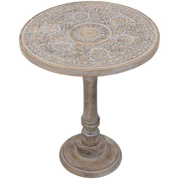 Antique Gray Carved Floral Round Pedestal Side Table