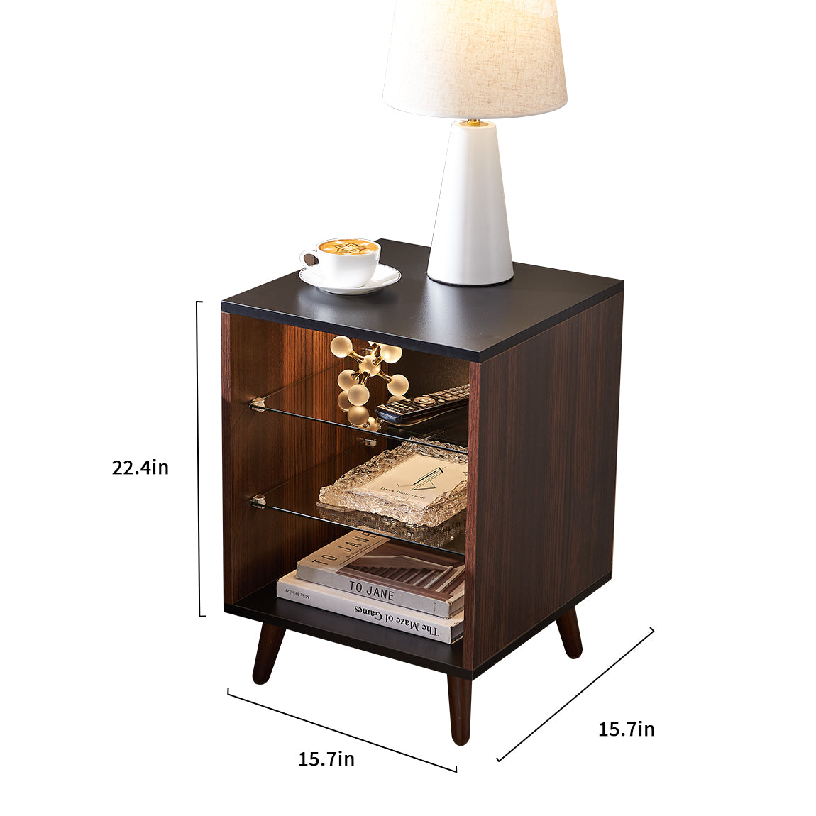 LED Nightstand Set of 2 , Modern Bedside Table with 3 Color LED Lighting/Adustable Brightness, End Side Table with Open Storage for Bedroom Living Room - Walnut Color