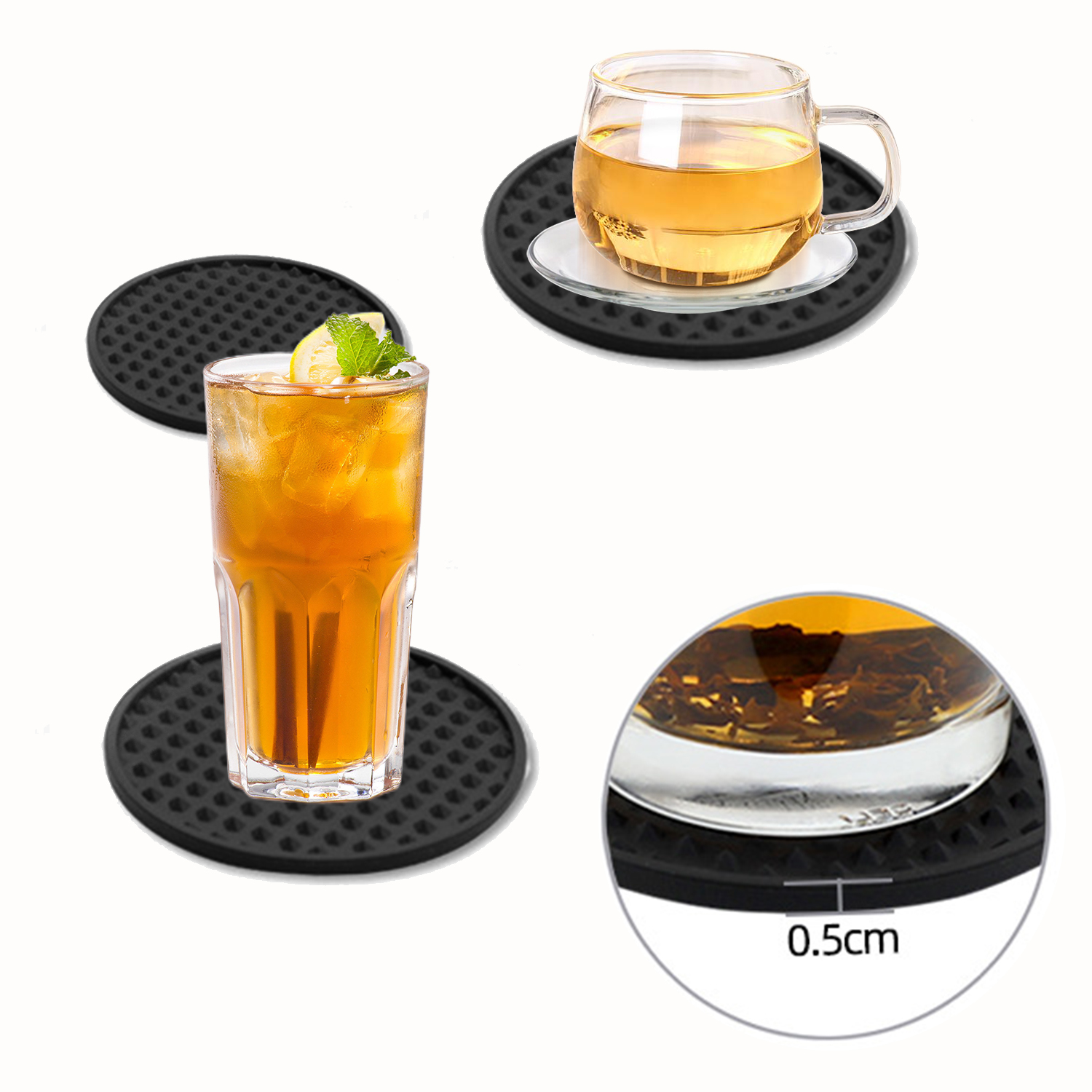 6Pcs Drink Coasters， Coaster with Holder Set， Silicone Coasters Ideal for Hot or Cold Drinks， Washable， Heat Resistant (Black)