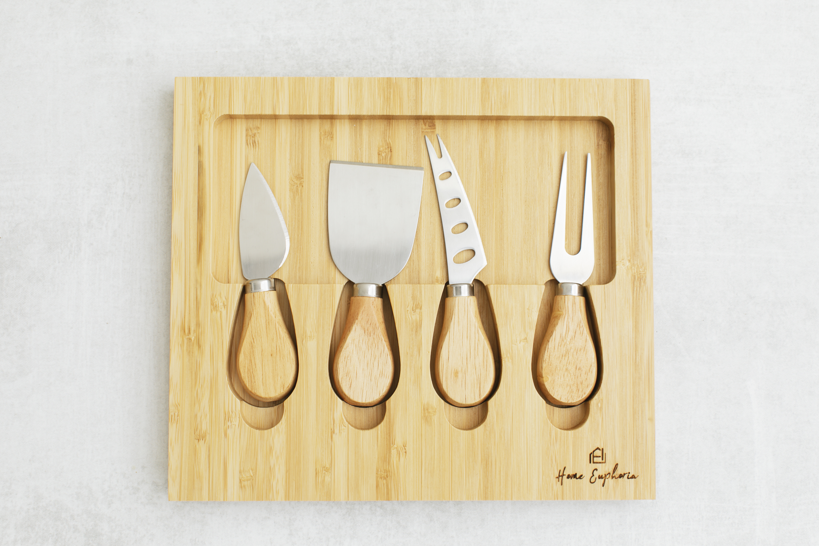 Natural Bamboo Cheese Board and Cutlery Set with Rectangular Ceramic Ramekins.