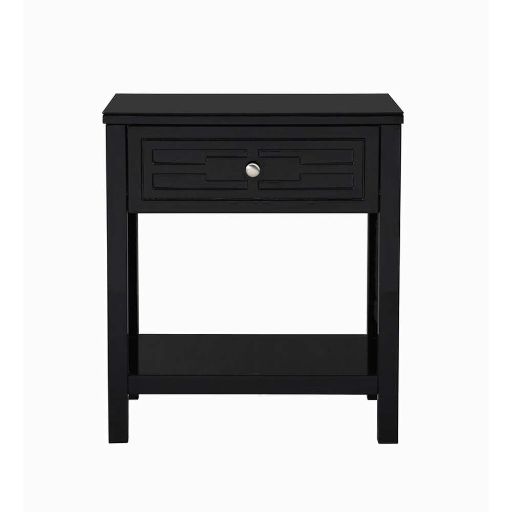 Wooden End Side Table Nightstand with Glass Top and Drawer