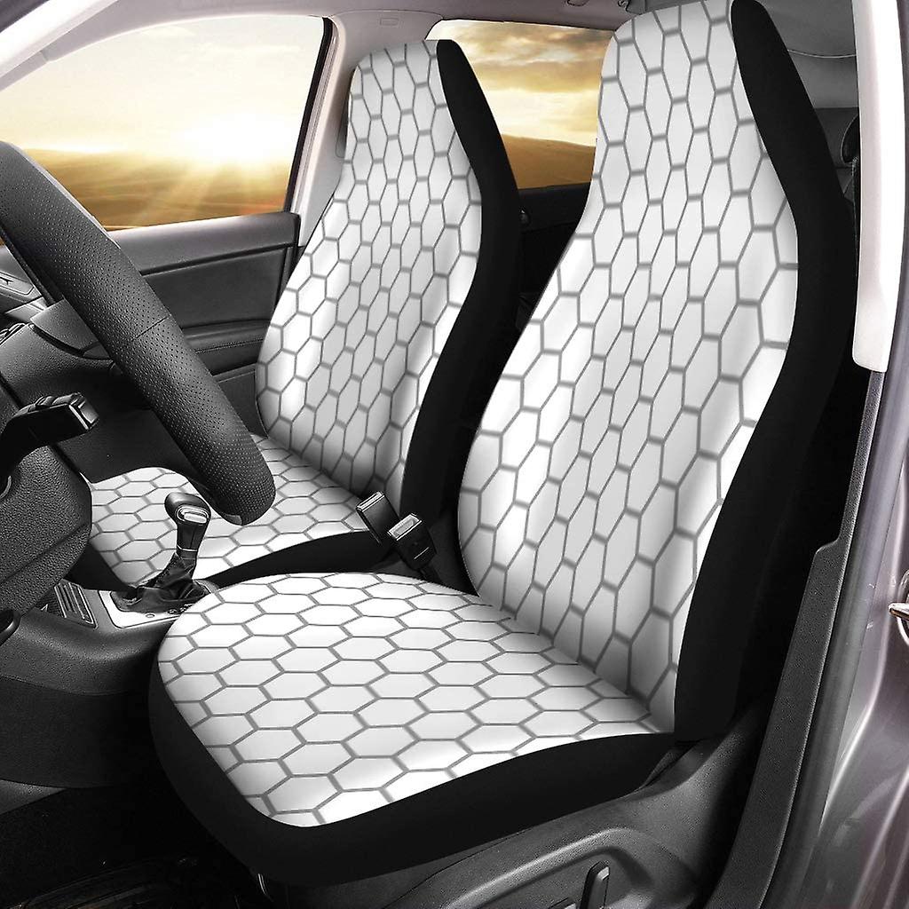 Set Of 2 Car Seat Covers Network Hexagon Pattern Monochrome Football Link Soccer White Abstract Universal Auto Front Seats Protector Fits