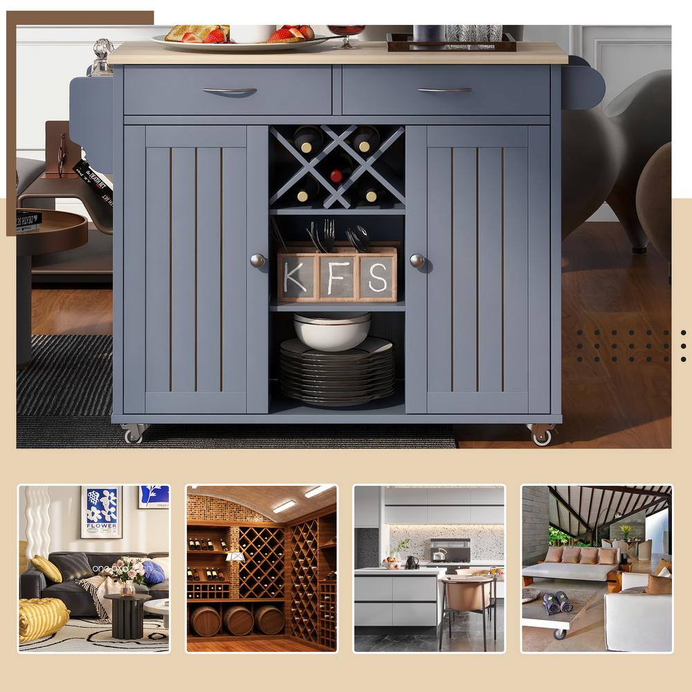 Tileon Gray Blue Wood Table Top 48 in. W Kitchen Island with Drawers 2 Storage Cabinets and Locking Wheels Wine Rack Spice Rack WYHDRA073