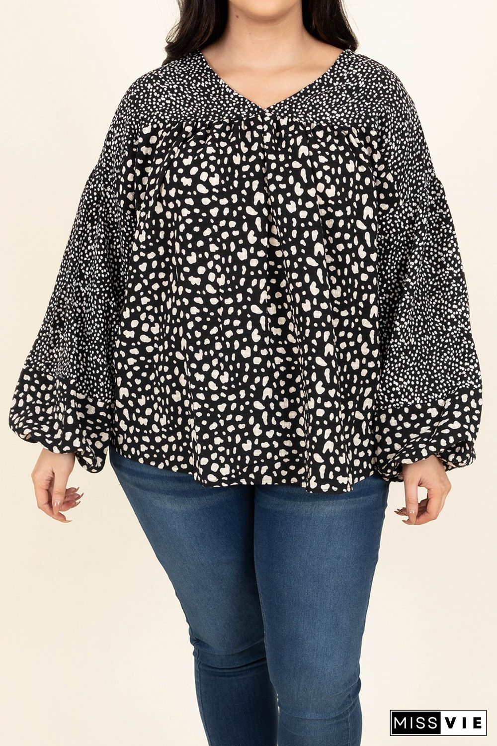 Black V Neck Cheetah Mixed Print Plus Size Blouse