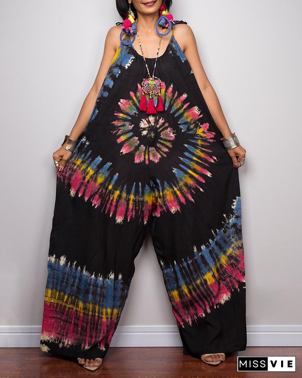 Tie-Dye Print Wide-Leg Lace-Up Loose Jumpsuit P15993