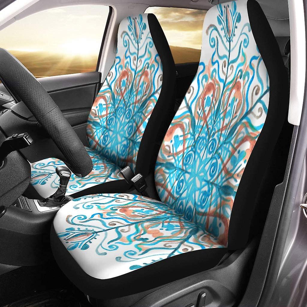 Set Of 2 Car Seat Covers Blue Abstract Snowflake Turquoise And Brown Watercolor On Sprigs Universal Auto Front Seats Protector Fits