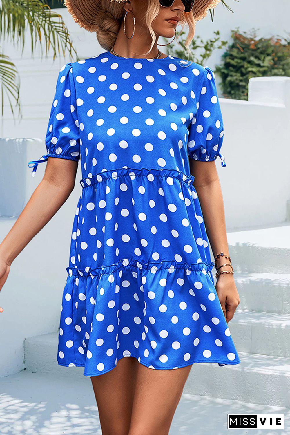 Polkadot Short Sleeves Splicing Ruffle Dress