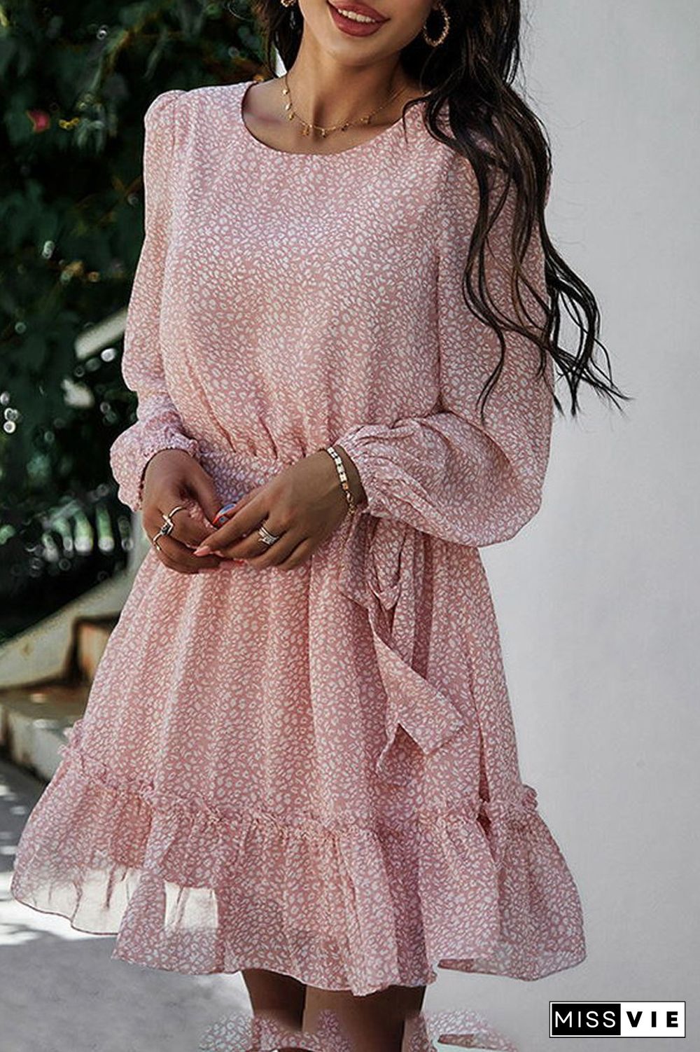 Lace-Up Floral Printed Ruffle Dress