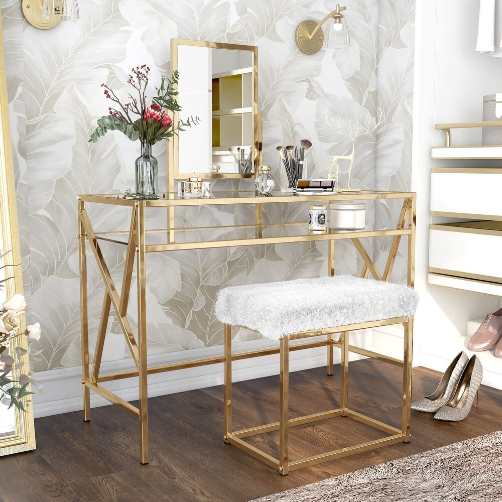 DH LUX Glam Glass Vanity Table and Stool Set by Denhour