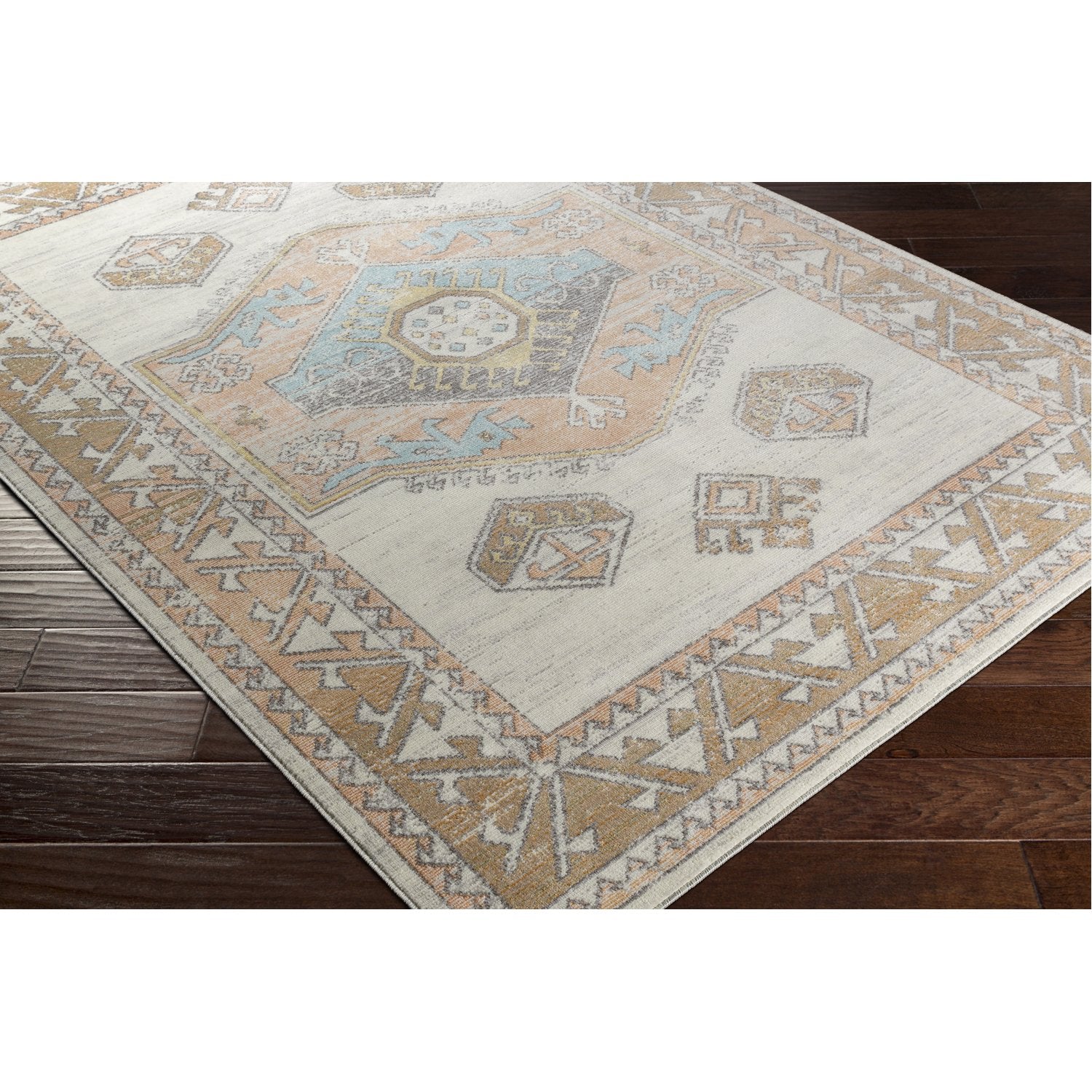 Bodrum Indoor/Outdoor Rug in Ivory, Saffron, Silver Gray, Medium Gray, Aqua, Camel, Coral