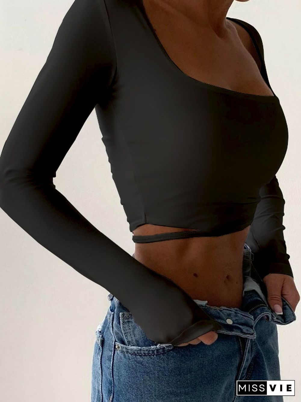 Cutout Square Neck Crop Long Sleeve Tee