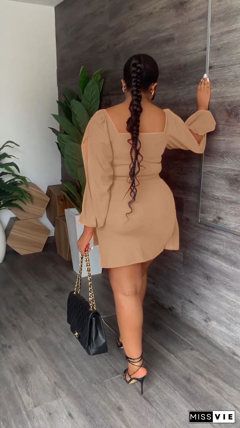 Bubble Sleeve Open Fork Top Pleated Skirt Tied Two-piece Set