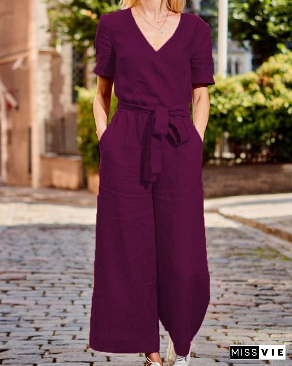 Paneled Solid Cross Front V-neck Casual Jumpsuit