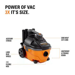 RIDGID 4 Gallon 5.0 Peak HP WetDry Shop Vacuum with Fine Dust Filter Hose Accessories and Additional 14 ft. Tug-A-Long Hose WD4070B