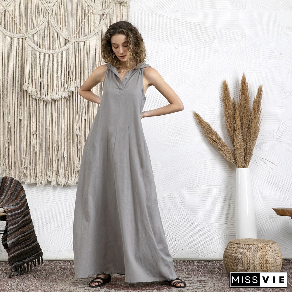 Linen Hoodie Sleeveless Kaftan Dress