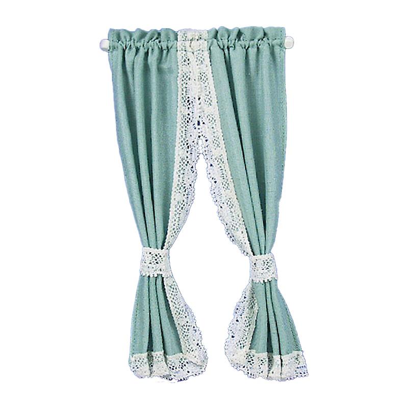 Dolls House Green Curtains Drapes On Rail Miniature 1:12 Scale Window Accessory