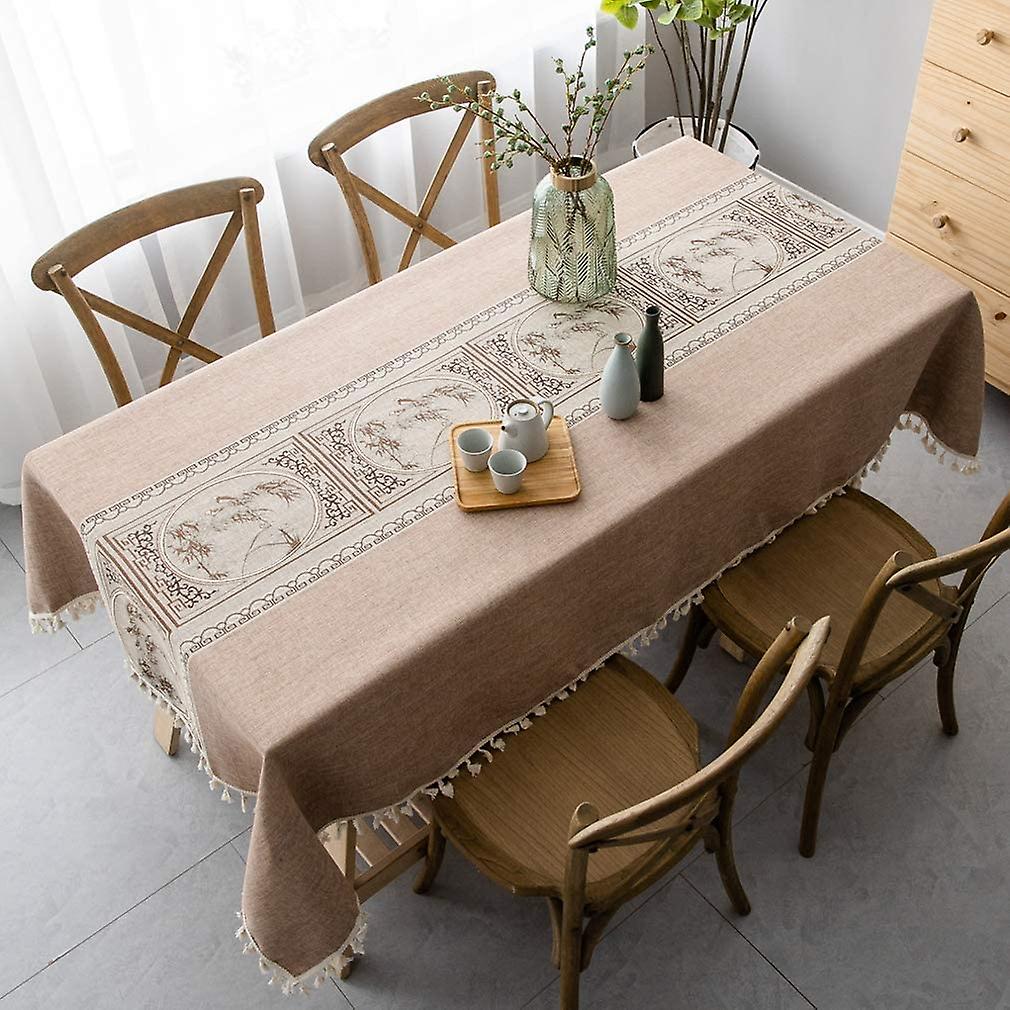 Vintage Cotton Linen Table Cloth Rectangle Dust-proof Tablecloth Stitching Tassel Embroidered Tablecloth For Kitchen Dining (pink Brown， Chinese Style