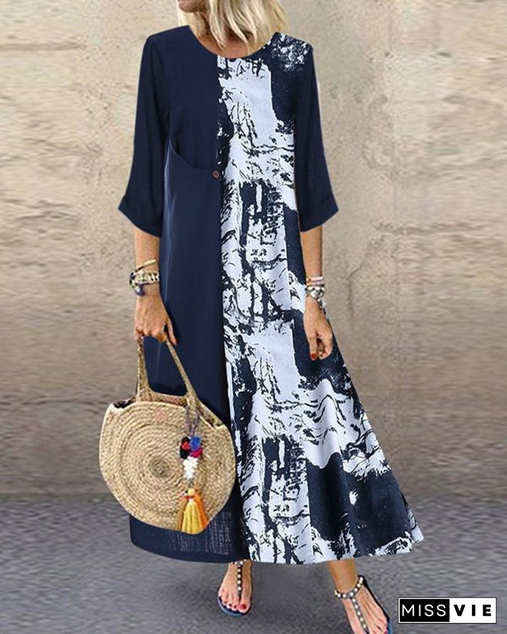 Vintage Crew  Neck Summer Long Sleeve Printed Long Sleeve  Maxi Dresses