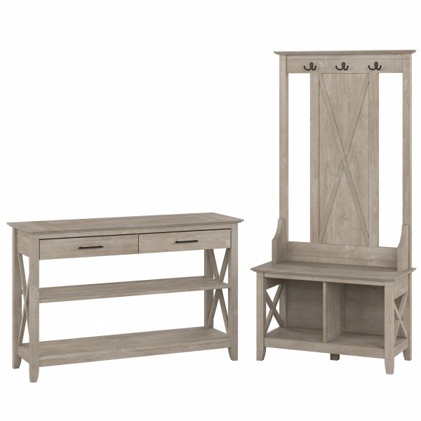 Bush Furniture Key West Entryway Storage Set with Hall Tree， Shoe Bench and Console Table in Washed Gray