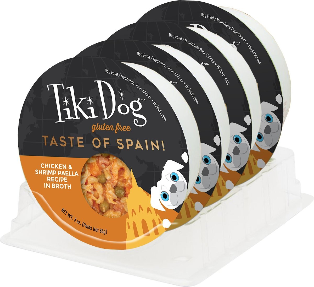 Tiki Dog Taste of Spain Chicken and Shrimp Paella Recipe in Broth Gluten-Free Wet Dog Food， 3-oz cup， case of 4