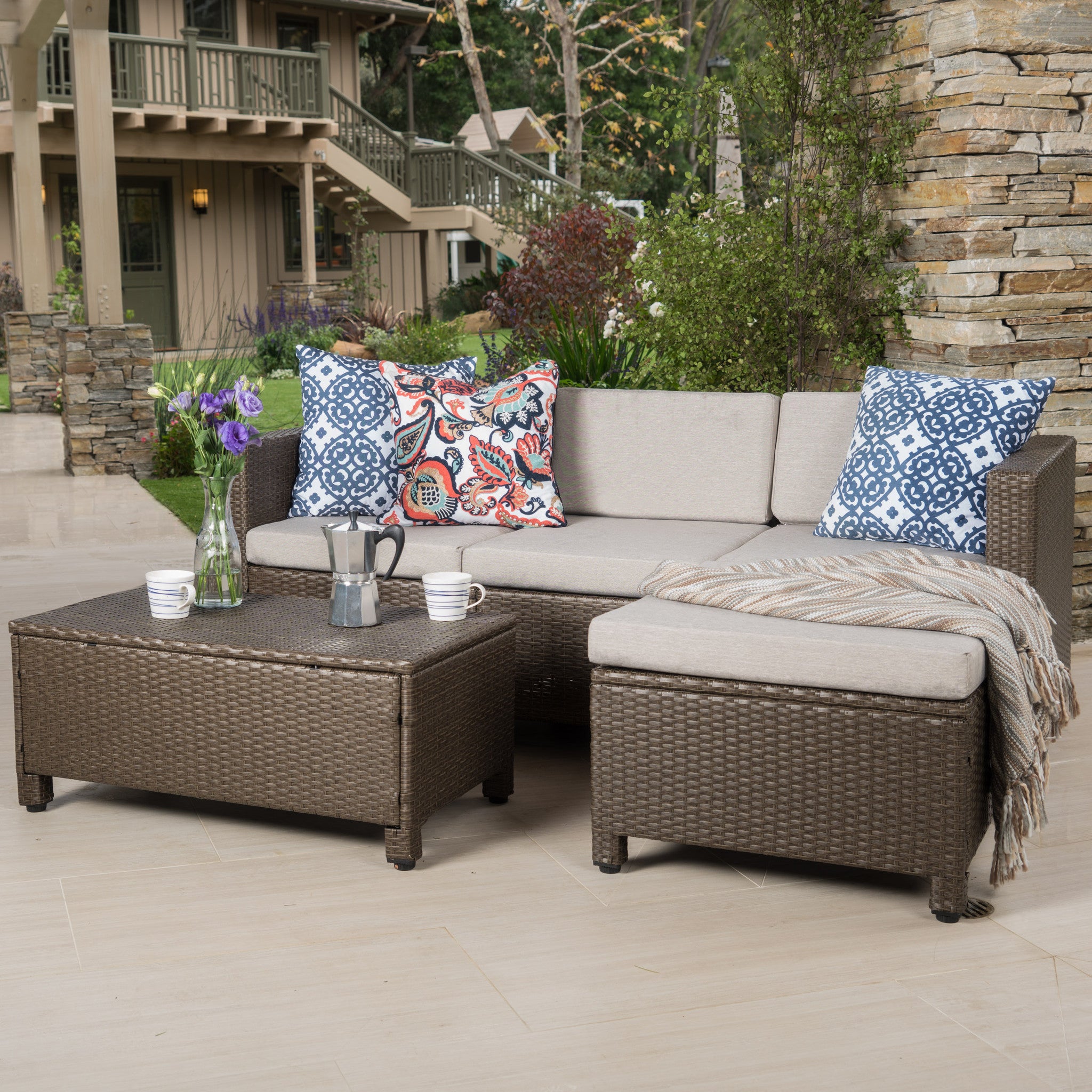 Budva Outdoor L-shape Brown Wicker Sofa w/ Cushions