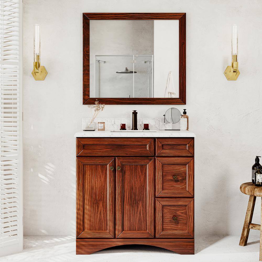 VANITYFUS Solid Fir 36 in. W x 22 in. D x 35.4 in. H FreeStanding Bath Vanity in Traditional Brown with Carrara Vanity Top VF-CT-SW02