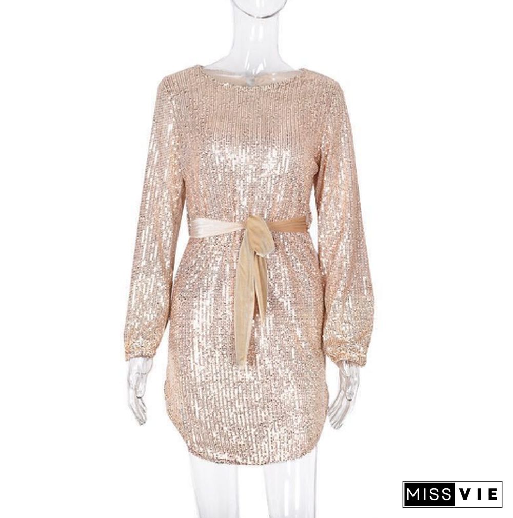 Sequins Long Sleeve Waist Tie Loose Mini Dress