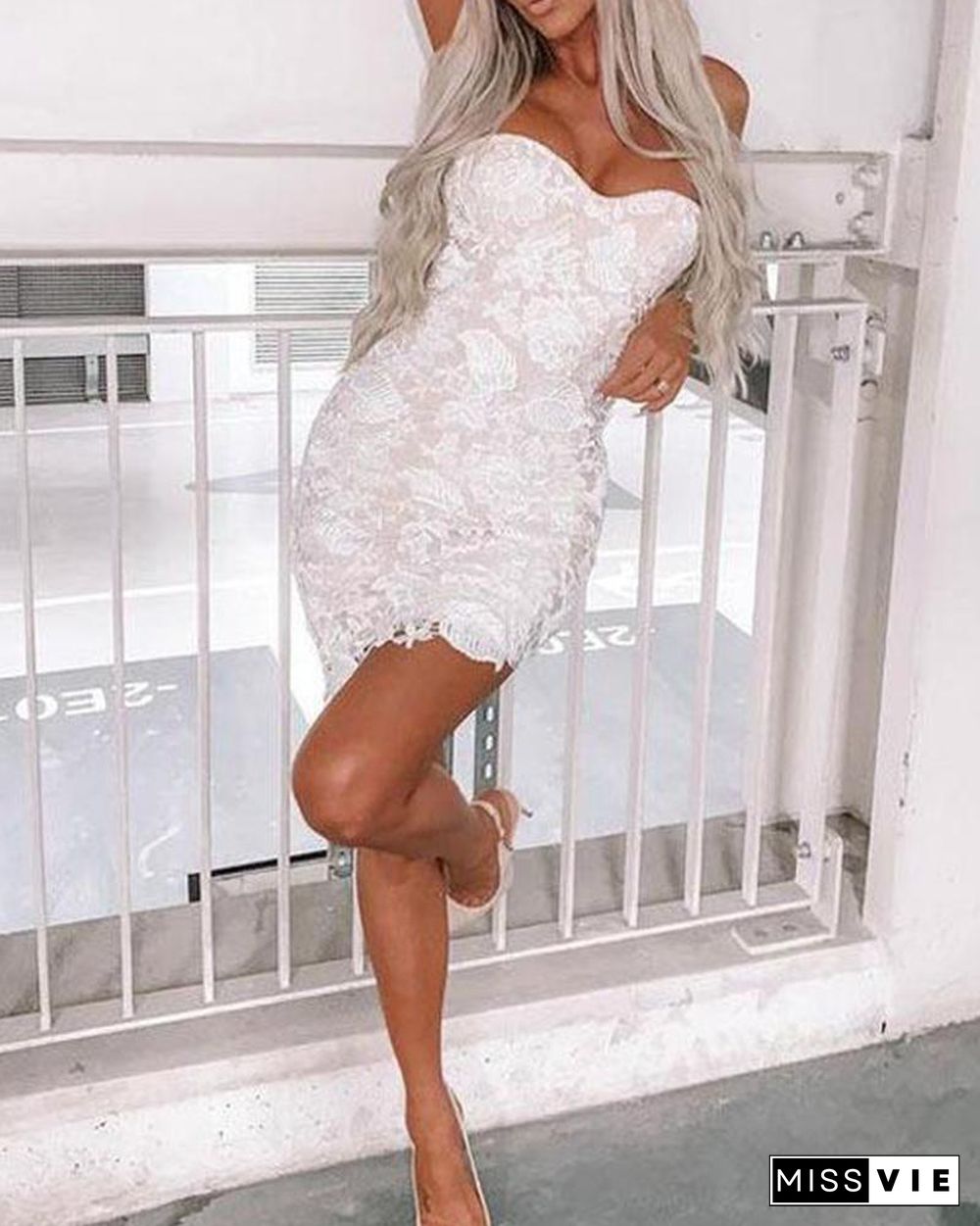 Lace Detail Mini Tube Dress White Dresses