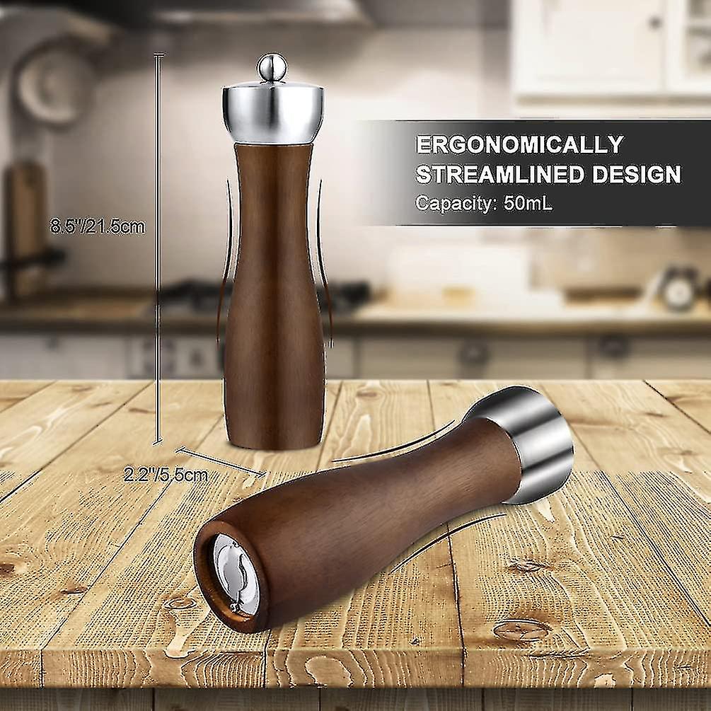 8in Salt And Pepper Grinder Set - Wooden Salt And Pepper Mill Shaker Easy Adjustable Ceramic