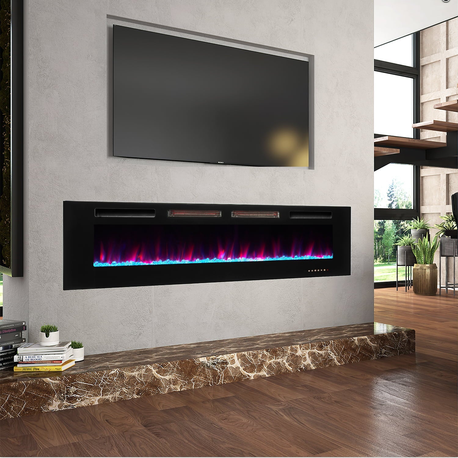 ONEINMIL 60" Electric Fireplace, Recessed 3.2'' Ultra Thin Wall-Mounted Heater w/Adjustable Flame Colors & Speed, Fireplace with Touch Screen and Remote Control