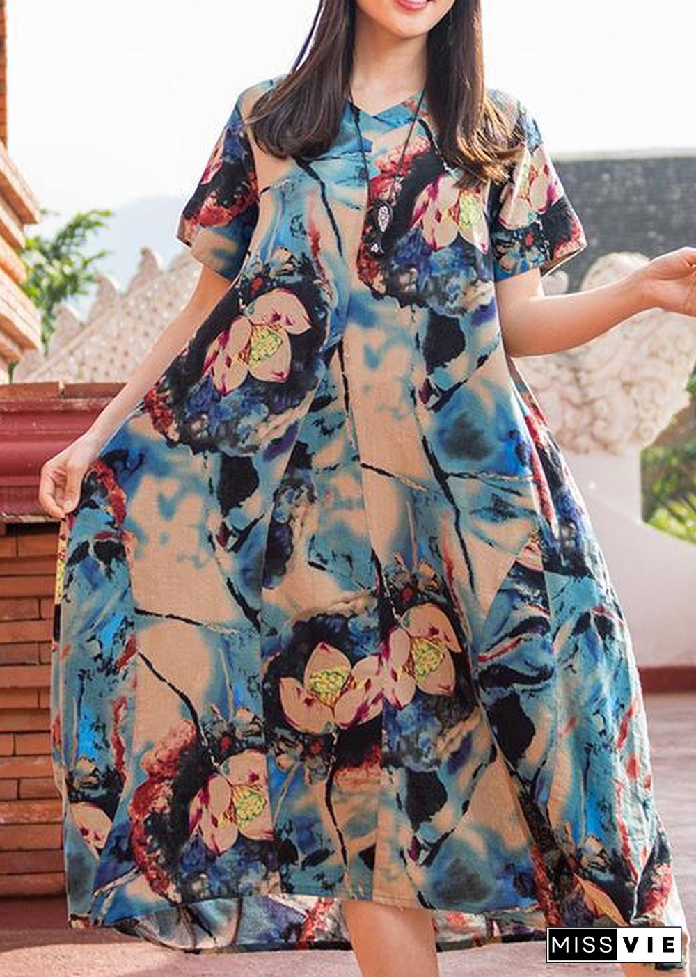 Modern dark blue print v neck asymmetric cotton robes summer Dresses