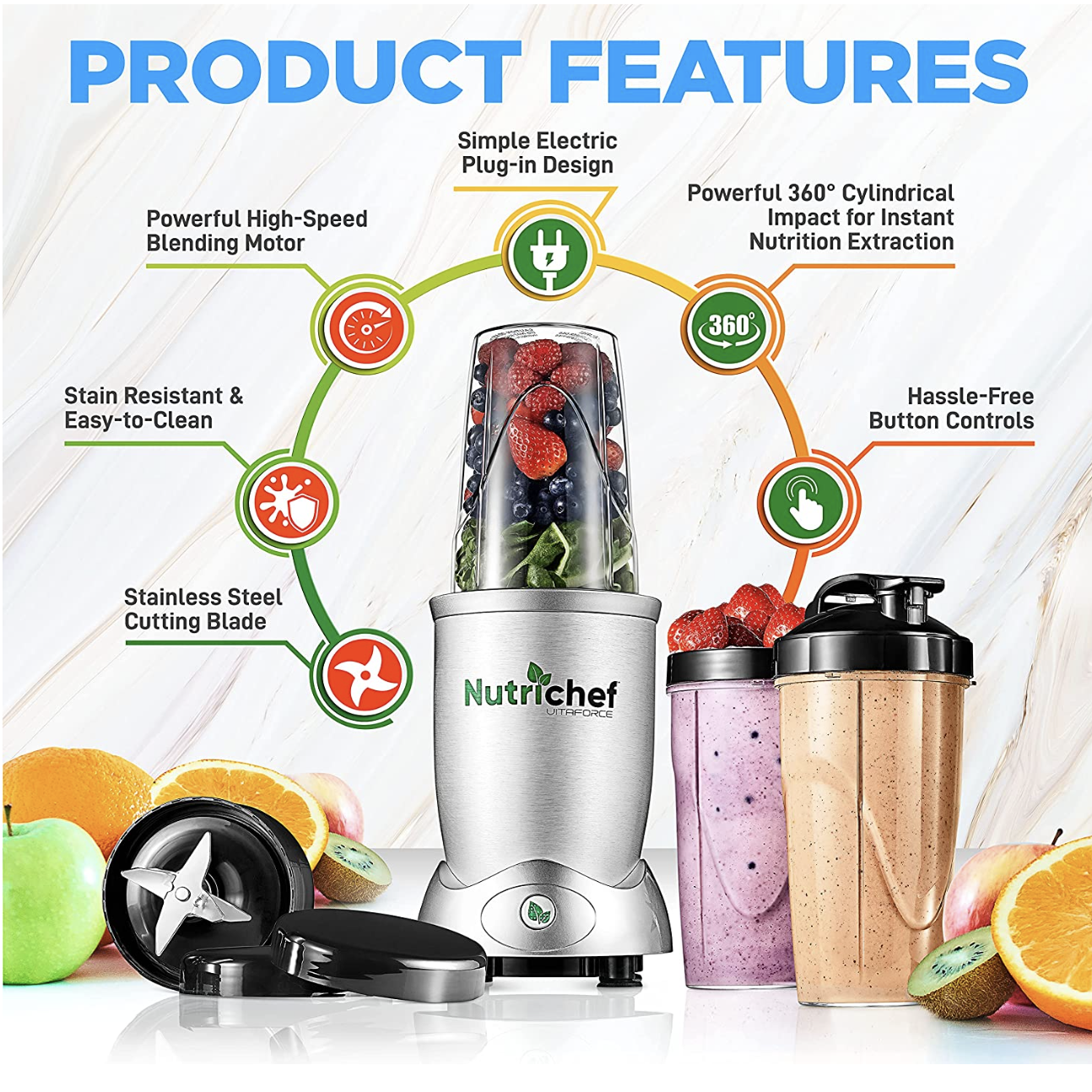 NutriChef Professional Home Kitchen Blender， Digital Countertop Power Pro Blender with Pulse Blend， 10 and 24 Oz Cups