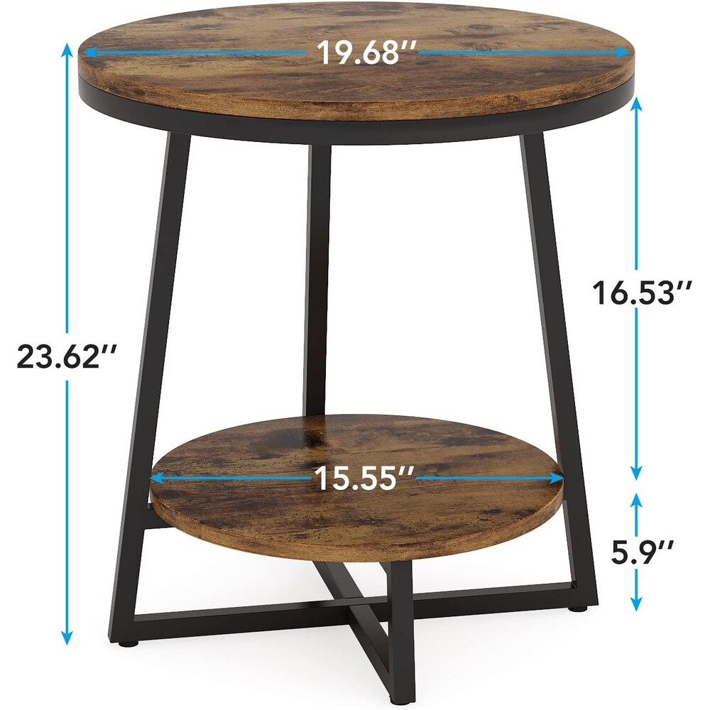 2 Tier Industrial Round Side End Table with Storage Living Room