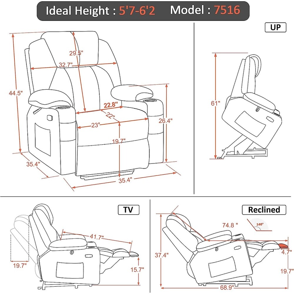 Large Power Lift Recliner Chair Sofa with Massage  Heat for Big and Tall People  Cup Holders Extended Footrest  Fabric 7516