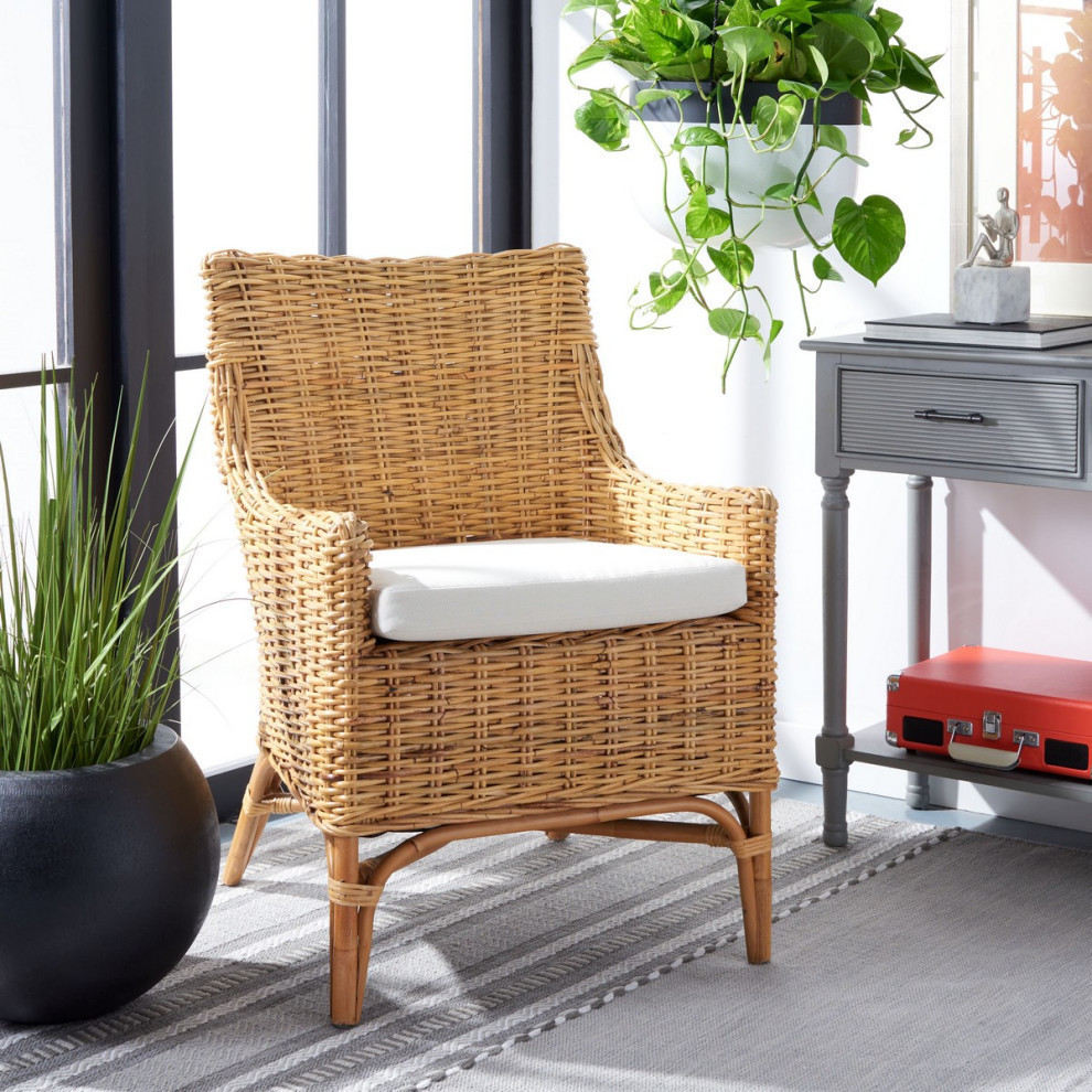 Kathryn Rattan Accent Chair With Cushion  Natural/White   Tropical   Armchairs And Accent Chairs   by Rustic Home Furniture Deco  Houzz